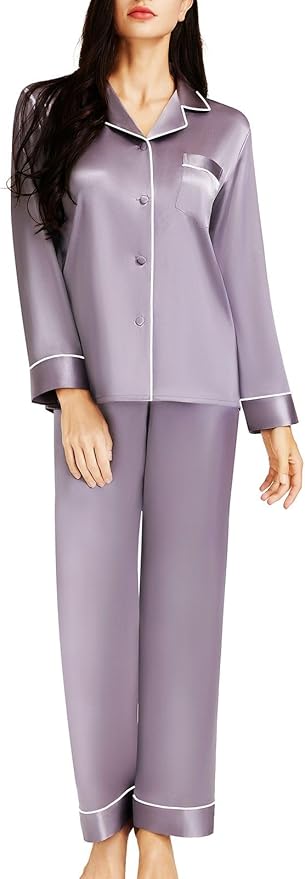 CoolTeeTrend Silk Satin Womens Pajama Sets Button Down Sleepwear Loungewear