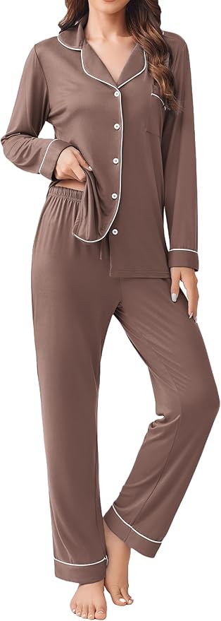CoolTeeTrend Womens Pajamas Set 2 Piece Button Down Pjs Soft Long Sleeve Top and Pants Sleepwear