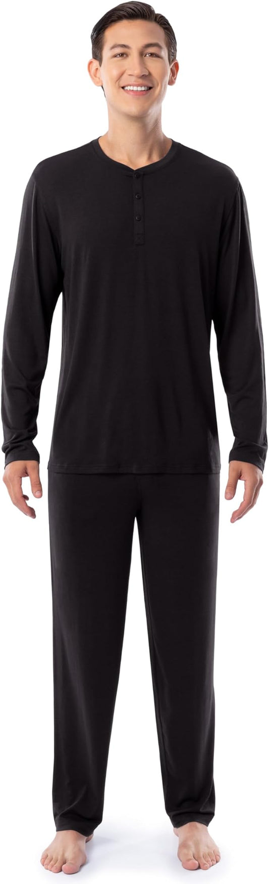 CoolTeeTrend Men's 360 Stretch Long Sleeve Henley Top and Pant Sleep Pajama Set