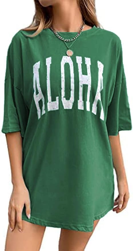 CoolTeeTrend Aloha Women's Casual Short Sleeve Graphic Oversized T Shirt Loose Letter Print Tee Top Blouse