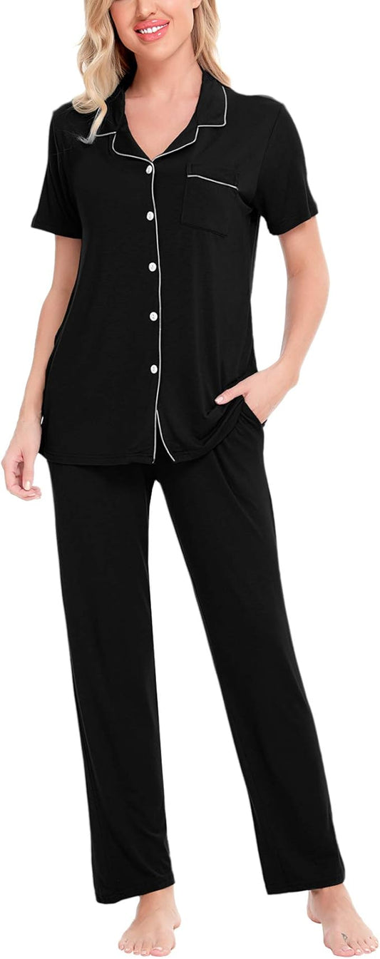 CoolTeeTrend Women Pajama Sets Two-Piece Nightwear Short Sleeve Sleepwear Button Down Pj Lounge Sets with Long Pants