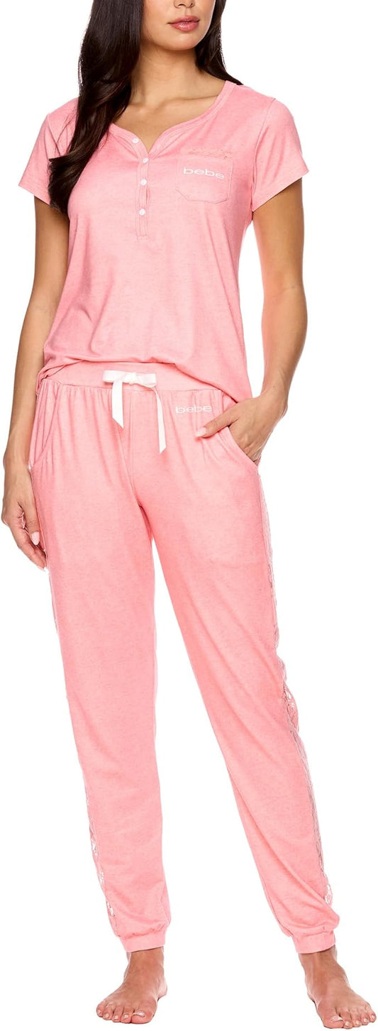 CoolTeeTrend Womens Pajama Set, Short Sleeve Shirt with Lace Jogger PJ Pants Lounge Sets