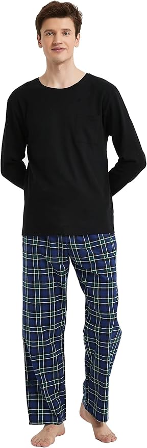 CoolTeeTrend CoolTeeTrend Men's 100% Cotton Pajama Set Flannel Plaid Pants Crew Neck Top Long Sleeves